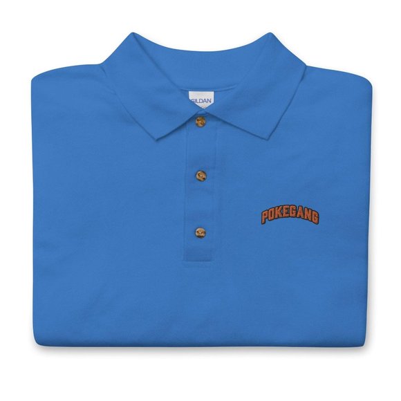 PokeGang Men's Blue Short Sleeve Button Up Yellow Logo Sport Polo Shirt Size S - Picture 1 of 6